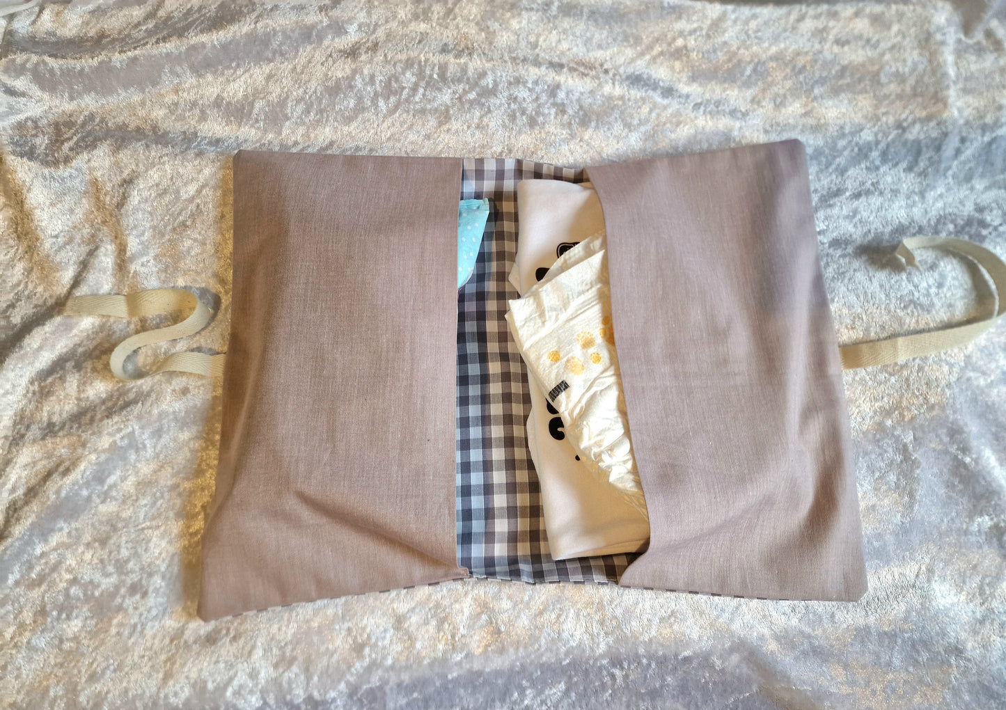 Grey Gingham Nappy and Wipe Pouch