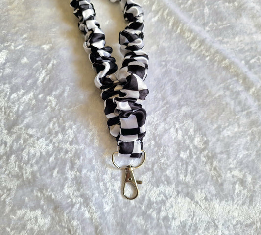 Satin Black & White Checked Lanyard with Breakaway Clasp – Handmade UK